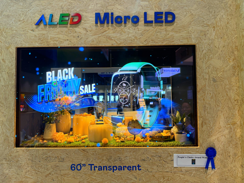 beats36560吋高透明度Micro LED显示器获&rdquo;最佳Micro LED技术应用奖&rdquo;，将Micro LED面板透明化之设计特性极致发挥，以可扩展性无缝拼接技术打造，具备600 nits全画面亮度、大于60%穿透率及超过NTSC 110%的优异广色域表现，可依需求灵活应用于各种场域