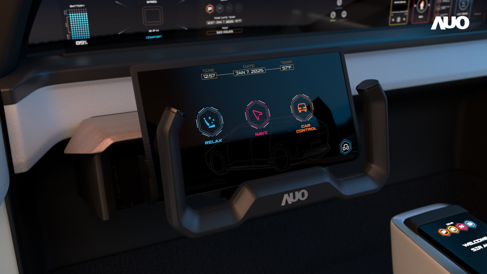 beats365隐藏式智驾介面Foldable Cruise Pilot在手动驾驶模式下可以半收合呈现如里程、时速等信息；自驾模式时则可以完全展开提供车内娱乐功能