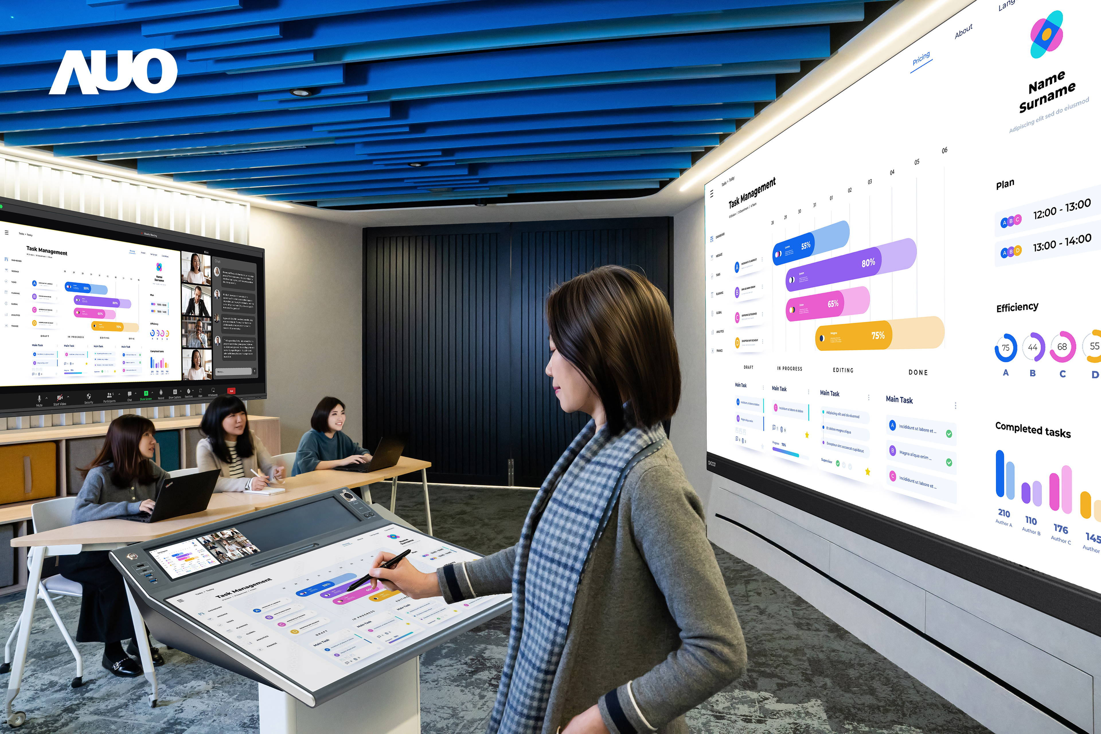 达擎携手Avocor与Rise Vision展示全方位商务领域应用，包含采用模块化设计的138吋一体式All-in-One LED显示器及具21:9超宽比例的92吋交互式电子白板（IFPD），讲者可轻松分享内容，有效提升会议协作效率。